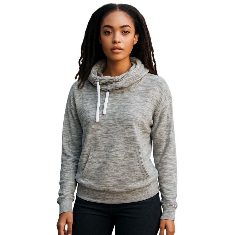 Reebok Cowl Neck Pullover Fleece Sweatshirt Hoodie Grey Marled Knit Size S cuffs